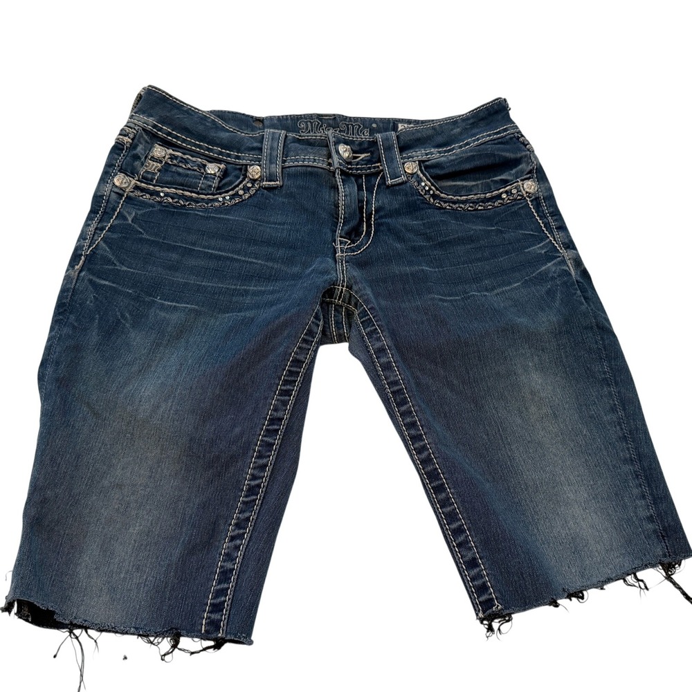 Miss Me Embellished Denim Shorts Dark Wash Raw Hem Size 27 JP5109G2R